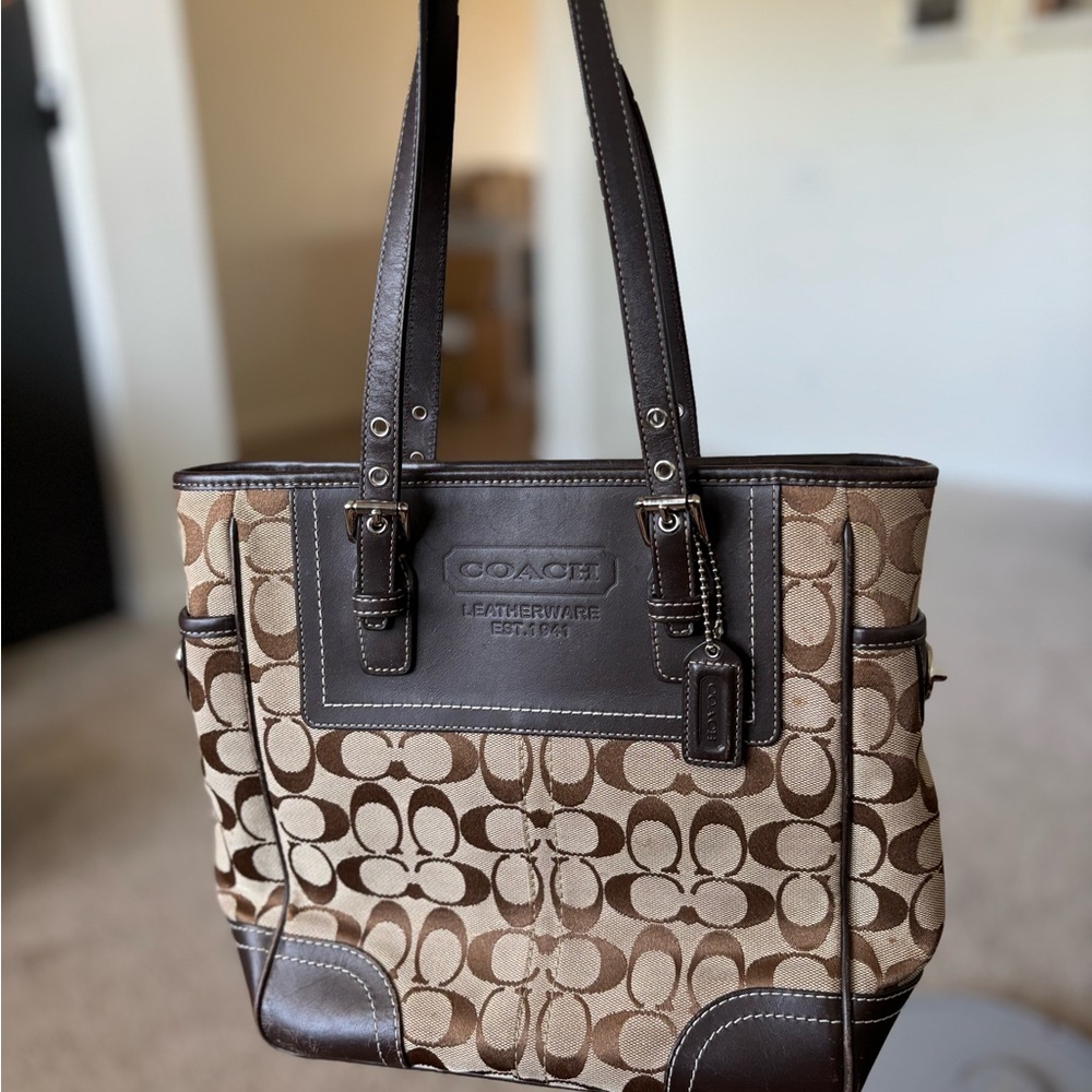 Coach Brown Signature Tote with Leather Accents